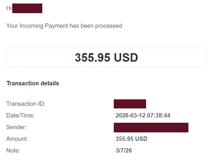 Comprovante de pagamento de 355,95 USD, com dados pessoais ocultados