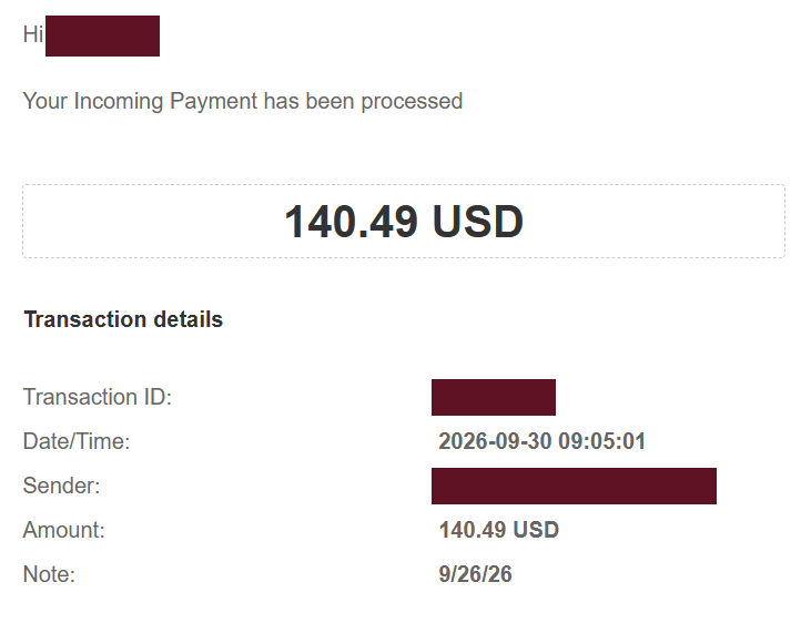 Comprovante de pagamento de 140,49 USD, com dados pessoais ocultados